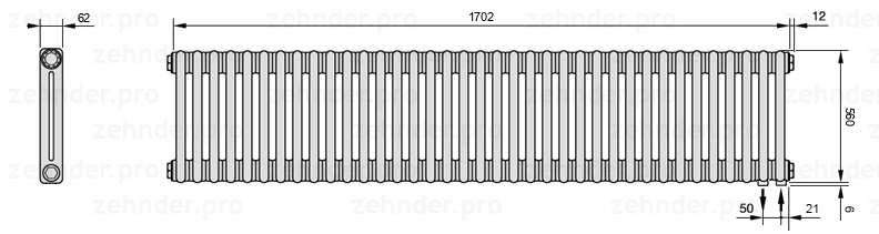 Схема (чертеж) Радиатор Zehnder Charleston 2056/37 №5510 Белый глянцевый RAL 9016
